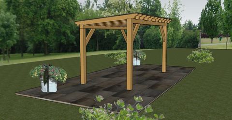 3D design of a timber pergola on a paved patio, produced by Matt for a client quote